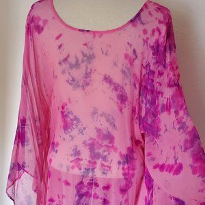 NEW Silk Caftan Kaftan beach coverup resort one size sexy pink fuscia tie dyed L